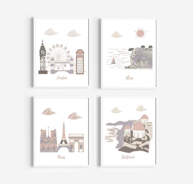 Travel Nursery Art - England, Albania, France, Greece, London, Paris, Santorini - Brown, Beige, Purple - image 1