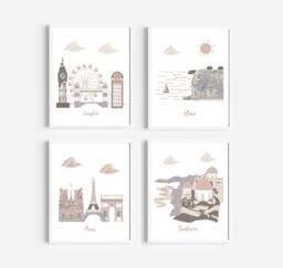 Travel Nursery Art - England, Albania, France, Greece, London, Paris, Santorini - Brown, Beige, Purple - thumbnail 1