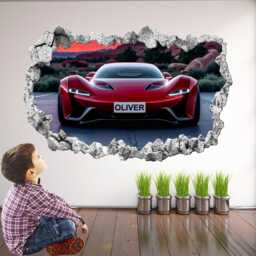 Personalised Red Supercar Wall Decal Custom Kids' Names, Bedroom Sticker Art Mural - thumbnail 1