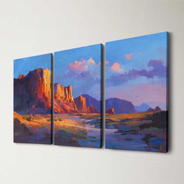 Petra Jordan Ancient Carvings 3 Panel Split Canvas Wall Art Golden Sunset Light Pastel Oil Painting Framed Home Decor - image 1