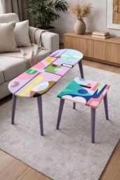 Pink Resin Coffee Tables Funky Boho Pop Art, Painted Legs - Set Of 2 - thumbnail 1