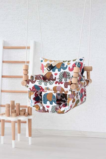 Elephant Fabric Baby Swing Handmade Wooden Montessori Swing - image 1