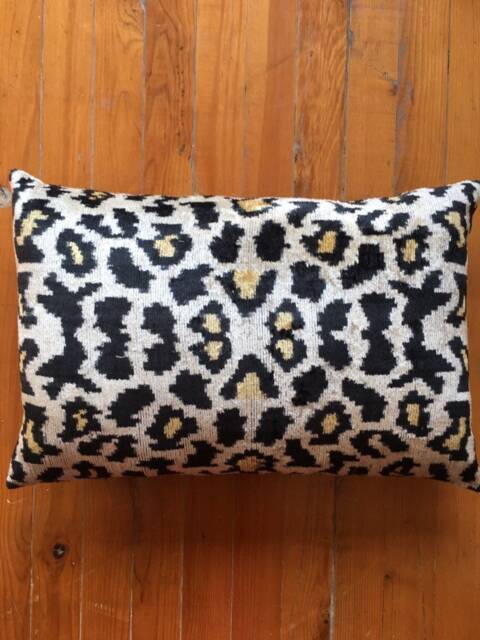 Leopard Ikat Velvet Pillow Handwoven Uzbek Silk Cushion - image 1
