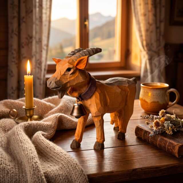 Whimsical Wooden Goat Carving With Bell Rustic Farmhouse Animal Decor Alpine Figurine Unique Birthday Gift - image 1