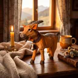 Whimsical Wooden Goat Carving With Bell Rustic Farmhouse Animal Decor Alpine Figurine Unique Birthday Gift