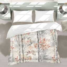 Light Red Orange & Gray Tree Comforter, Twin Queen King Size, Woodland, Farmhouse Bedding, Autumn Floral Scandinavian Forest #170 - thumbnail 3