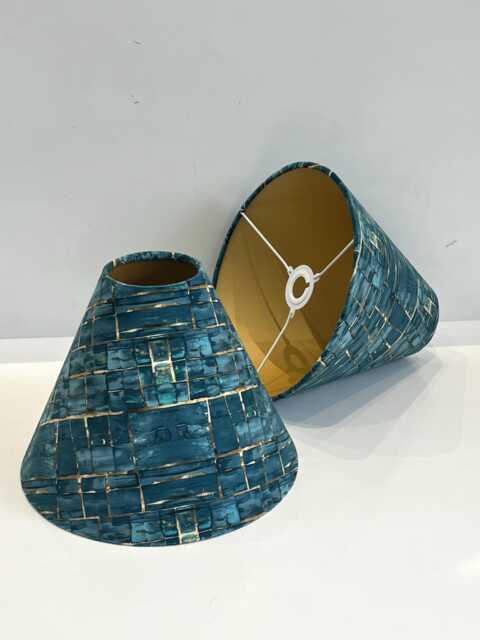 Handmade By Order Luxury Jade Teal Blue & Gold Cube Abstract Pattern Cone/Coolie Shape Velvet Lamp Shade Pendant Light - image 1