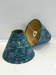 Handmade By Order Luxury Jade Teal Blue & Gold Cube Abstract Pattern Cone/Coolie Shape Velvet Lamp Shade Pendant Light - thumbnail 1