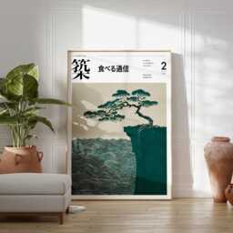 Japanese Bonsai Cliff Poster, Minimalist Nature Wall Art Print, Zen Artwork, Modern Asian Home Decor, Wabi Sabi Design - thumbnail 3