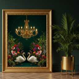 Maximalist Swan Wall Art - Nouveau Inspired Print Dark Luxe Chandelier & Floral Decor Bold Romantic Statement Artwork - thumbnail 1
