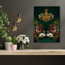 Maximalist Swan Wall Art - Nouveau Inspired Print Dark Luxe Chandelier & Floral Decor Bold Romantic Statement Artwork - thumbnail 3