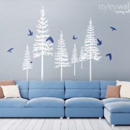 Pine Trees Wall Decal, Winter Forest Sticker, & Birds Decal Living Room Decor - thumbnail 2