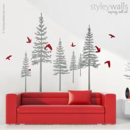 Pine Trees Wall Decal, Winter Forest Sticker, & Birds Decal Living Room Decor