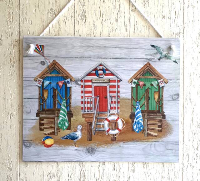 Beach Huts Wall Hanging Picture Plaque Vintage Coastal Sign - image 1