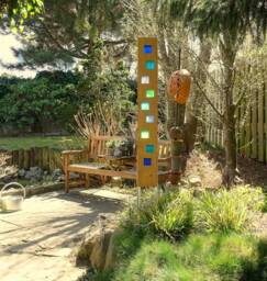 Garden Sculpture Made Of Wood & Glass. A Unique, Handmade, Weatherproof Garden Decoration