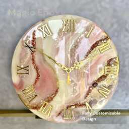 Rose Gold Resin Wall Clock Natural Stones, Modern Art Decor - thumbnail 1