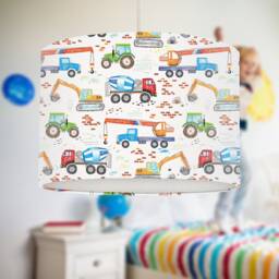 Colourful Construction Vehicles Lampshade, Nursery Bedroom Decor, Drum Ceiling & Lamp Light - thumbnail 1