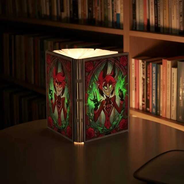 Alastor Hazbin Hotel Book Lamp, Radio Demon Reading Anime Wood Folding Fan Decor Gift - image 1