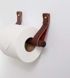 Leather Toilet Paper Holder Kit with Wooden Dowel Walnut Or Birch Minimal Loo Roll Holder Modern Strap Hook Sustainable Bathroom Storage Decor