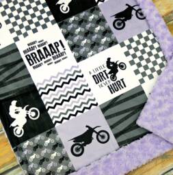 Motocross Minky Blanket - Designer Faux Patchwork Motorcycle Dirt Bike Baby Purple - thumbnail 1