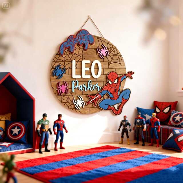 Personalized Spiderman Wooden Sign, Custom Kids Name Spider Man Room Decor, Superhero Nursery Wall Hanging, Boy Gift - image 1