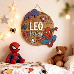 Personalized Spiderman Wooden Sign, Custom Kids Name Spider Man Room Decor, Superhero Nursery Wall Hanging, Boy Gift - thumbnail 2