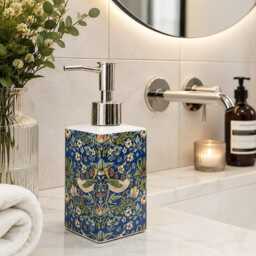 William Morris Strawberry Thief Blue Soap Dispenser Porcelain 200 Ml 7Oz Birds Garden Fantasy Floral Liquid Pump Hand Decorated UK - thumbnail 2