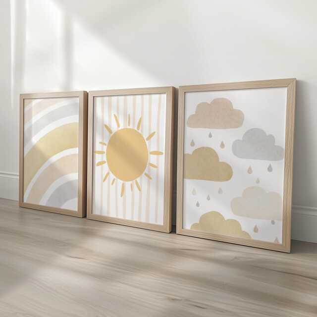 Boho Nursery Wall Prints, Personalised Set Of 3 Sun, Cloud, Rainbow Prints For Baby Room, Neutral Framed Kid Bedroom Decor, Playroom Posters - image 1