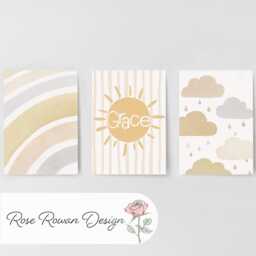 Boho Nursery Wall Prints, Personalised Set Of 3 Sun, Cloud, Rainbow Prints For Baby Room, Neutral Framed Kid Bedroom Decor, Playroom Posters - thumbnail 2