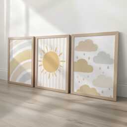 Boho Nursery Wall Prints, Personalised Set Of 3 Sun, Cloud, Rainbow Prints For Baby Room, Neutral Framed Kid Bedroom Decor, Playroom Posters - thumbnail 1