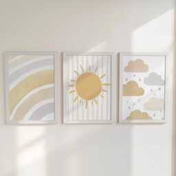 Boho Nursery Wall Prints, Personalised Set Of 3 Sun, Cloud, Rainbow Prints For Baby Room, Neutral Framed Kid Bedroom Decor, Playroom Posters - thumbnail 3