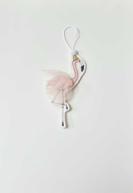 Flamingo Christmas Decoration, Ornament, Tree, Hanging Santa Hat, Pom Pom, Pink, Fabric, Embroidery Art, Cornwall - image 1
