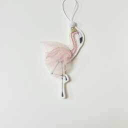 Flamingo Christmas Decoration, Ornament, Tree, Hanging Santa Hat, Pom Pom, Pink, Fabric, Embroidery Art, Cornwall - thumbnail 2