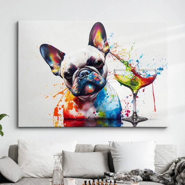 French Bulldog Toasting Drink Dog Pet Abstract Modern Painting Wall Art, Framed Canvas Poster Print, Home Kitchen Office Room Decor, Gifts - image 1