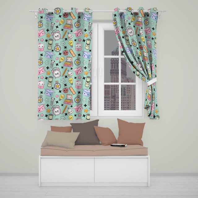 Cute Kawaii School Supplies Cat Books Clock Pencil Green Seamless Pattern Readymade Eyelet Ring Top Thermal 100% Blackout Curtains - image 1