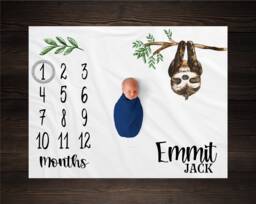 Sloth Milestone Blanket, Monthly Growth Tracker, Personalized Baby Custom Shower Gift, New Boy