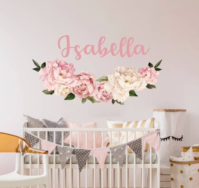Name Wall Stickers Peony Floral Decals, Watercolor Art Girl Nursery, Flower New Trendy Removable Decals - image 1