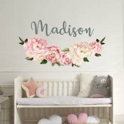 Name Wall Stickers Peony Floral Decals, Watercolor Art Girl Nursery, Flower New Trendy Removable Decals - thumbnail 2