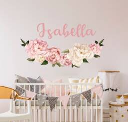 Name Wall Stickers Peony Floral Decals, Watercolor Art Girl Nursery, Flower New Trendy Removable Decals - thumbnail 1