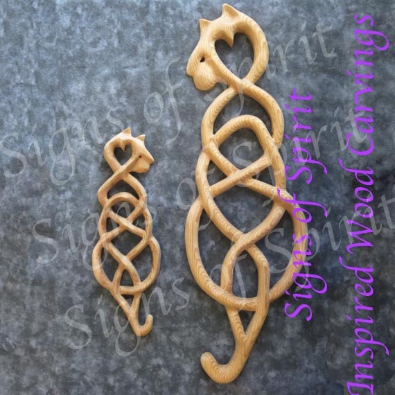 Celtic Cat Knot Wood Carving, Feline Animal Totem Wall Hanging - image 1
