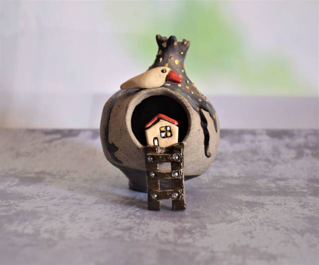 Art Object Home Decor From Israel, Judaic Whimsical Ceramic Pomegranate Fruit Sculpture With A House Inside & Clay Bird On Top - image 1