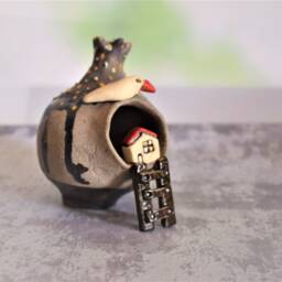 Art Object Home Decor From Israel, Judaic Whimsical Ceramic Pomegranate Fruit Sculpture With A House Inside & Clay Bird On Top - thumbnail 3