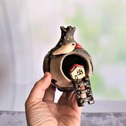 Art Object Home Decor From Israel, Judaic Whimsical Ceramic Pomegranate Fruit Sculpture With A House Inside & Clay Bird On Top - thumbnail 2