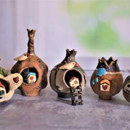 Art Object Home Decor From Israel, Judaic Whimsical Ceramic Pomegranate Fruit Sculpture With A House Inside & Clay Bird On Top - thumbnail 4