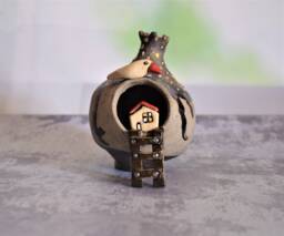 Art Object Home Decor From Israel, Judaic Whimsical Ceramic Pomegranate Fruit Sculpture With A House Inside & Clay Bird On Top - thumbnail 1