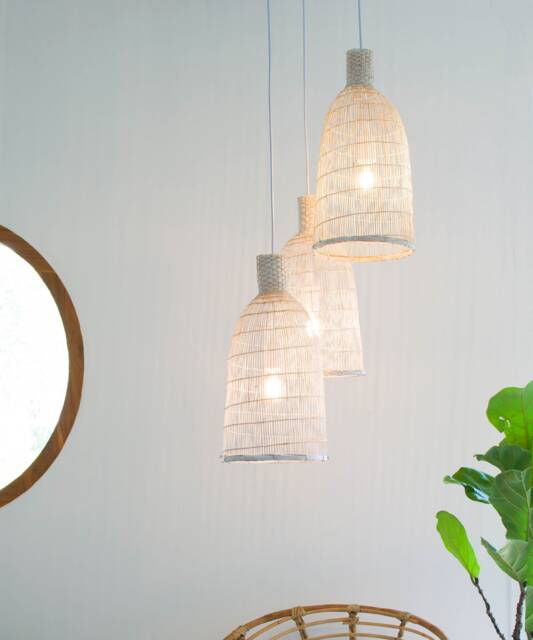 Triple Drop Cluster Bamboo Pendants Ceiling Hardwired Woven White Lampshade Natural Wood Boho Coastal - image 1