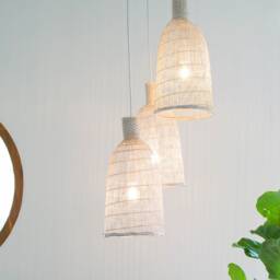 Triple Drop Cluster Bamboo Pendants Ceiling Hardwired Woven White Lampshade Natural Wood Boho Coastal - thumbnail 2