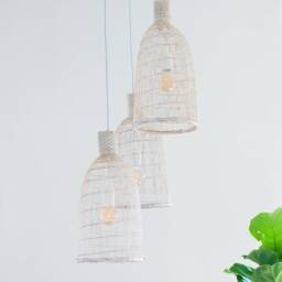 Triple Drop Cluster Bamboo Pendants Ceiling Hardwired Woven White Lampshade Natural Wood Boho Coastal - thumbnail 3