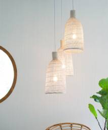 Triple Drop Cluster Bamboo Pendants Ceiling Hardwired Woven White Lampshade Natural Wood Boho Coastal - thumbnail 1