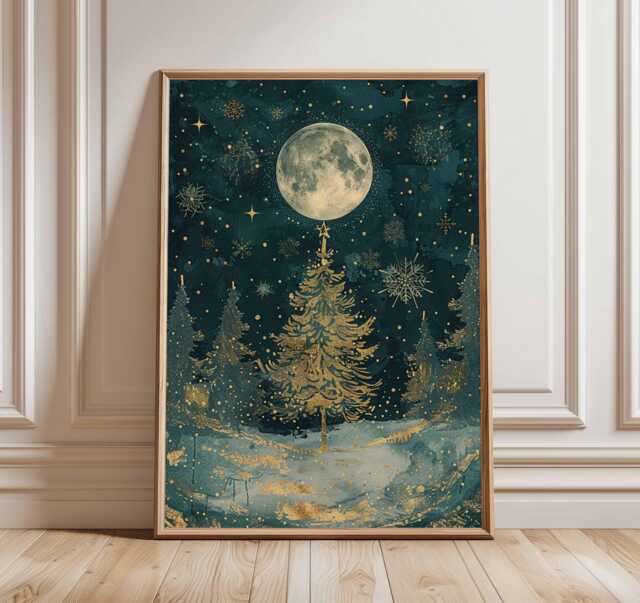 Christmas Tree Poster, Illustration Style Holiday Wall Art, Golden Moon Decor, Snowy Night Festive Print, Elegant Artwork - image 1